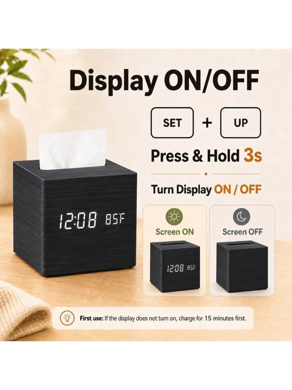Home Black Digital Cordless Alarm Temperature Display Wooden Tissue Box Clock